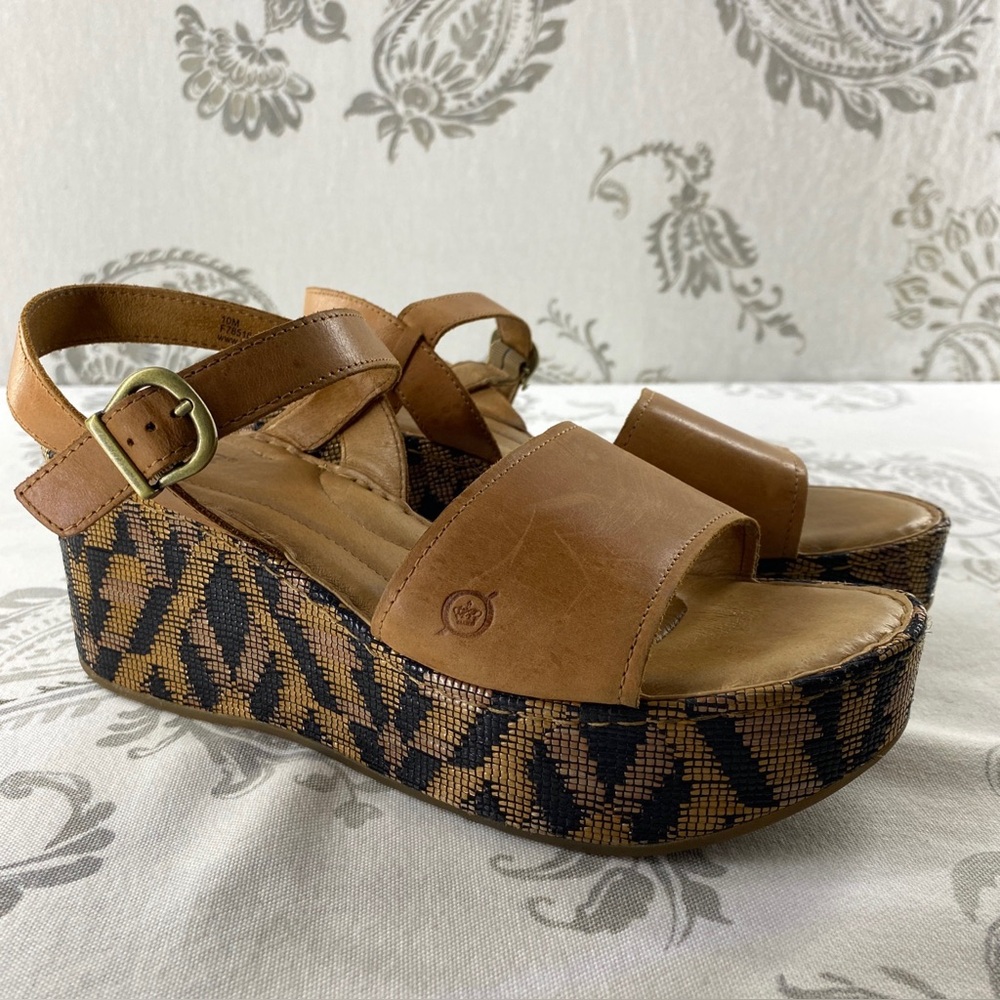 Born Tan Leather Platform Sandals with Black Patterned Wedge